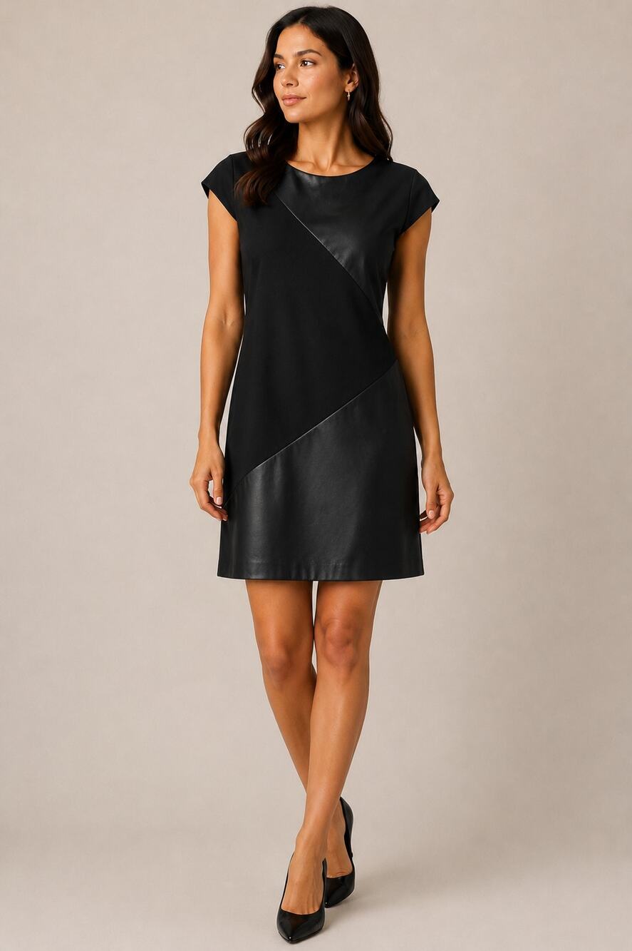 Bailey 44 Black Faux Leather Colorblock Sheath Dress Career Office Chic Size L